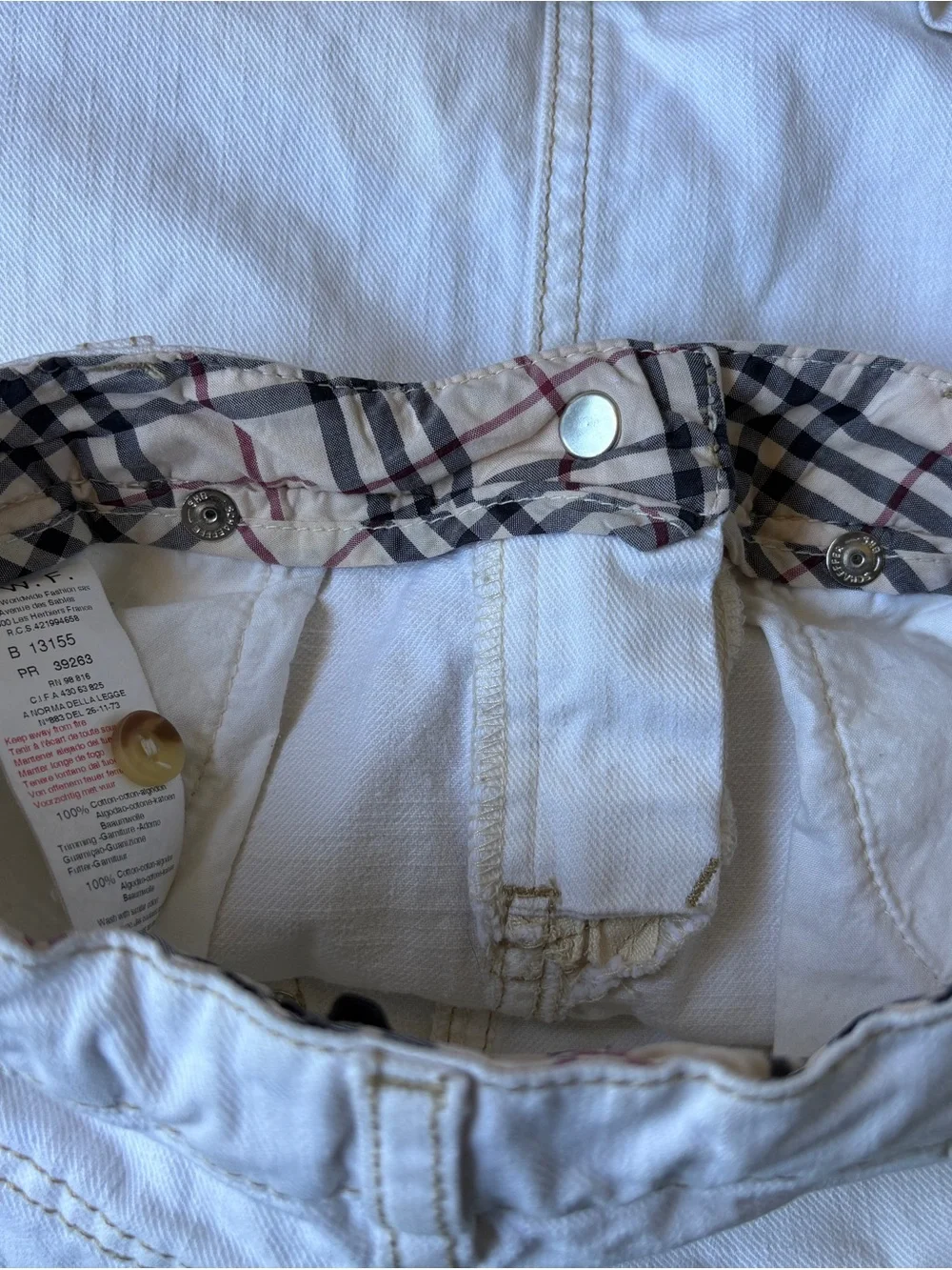 Burberry White Denim Mini Skirt with Signature Plaid Waist